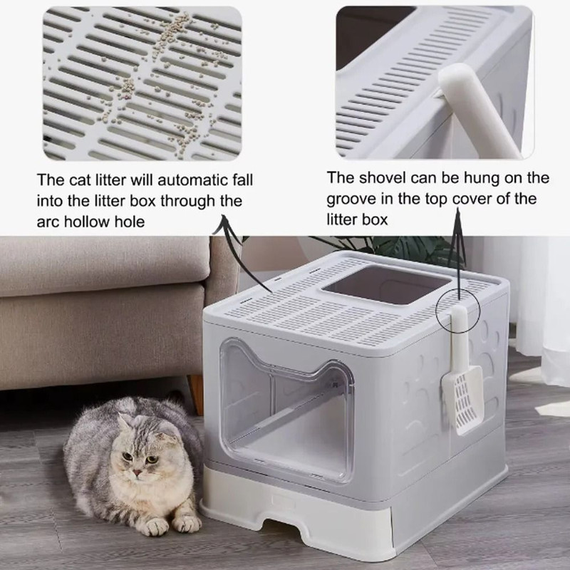 Foldable Cat Litter Box With Drawer And Scooper For Easy Cleaning 3