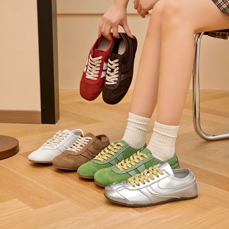 Womens Retro Leather German Training Sneakers Lace Up Flats 0