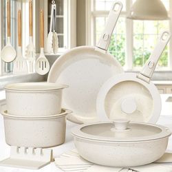 21 piece non stick ceramic cookware set with sensor handles milky white