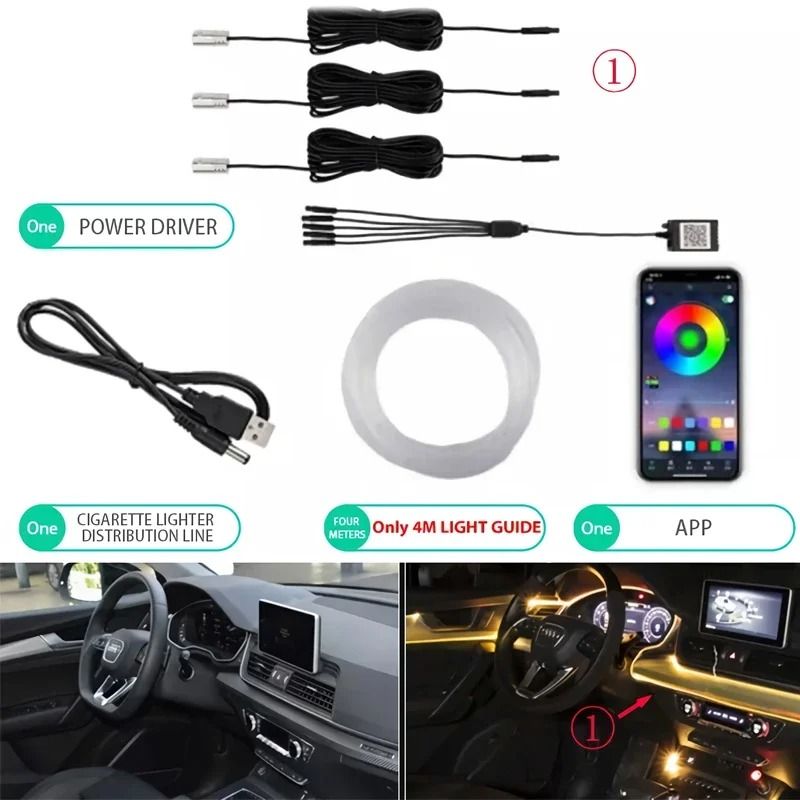 Flexible EL Wire Car Interior RGB LED Strip Lights With App Control 12