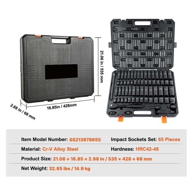 Impact Socket Set 12 Inch Drive 6 Point CrV Alloy Steel With Easy Read Markings 6