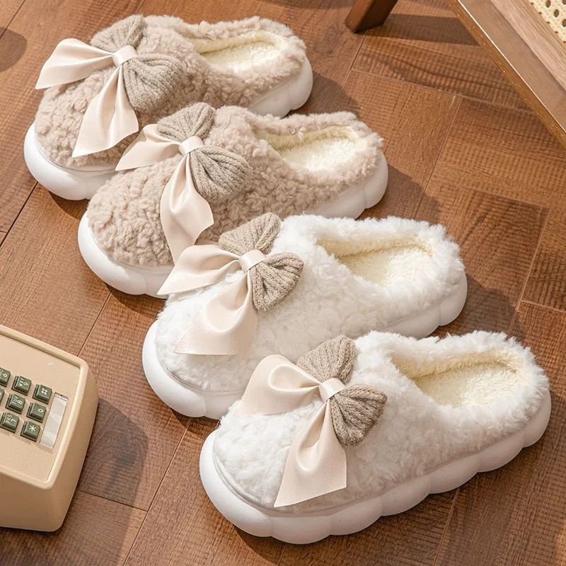 Women Winter Warm Plush Slippers With Bow 4