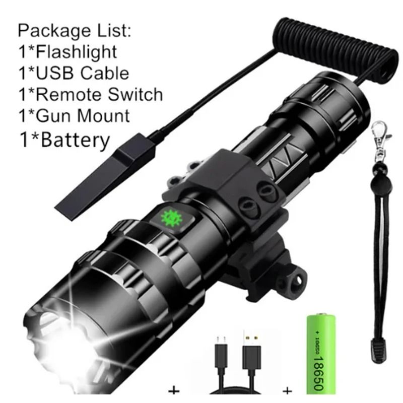 Tactical LED Hunting Flashlight USB Rechargeable Waterproof Torch 0