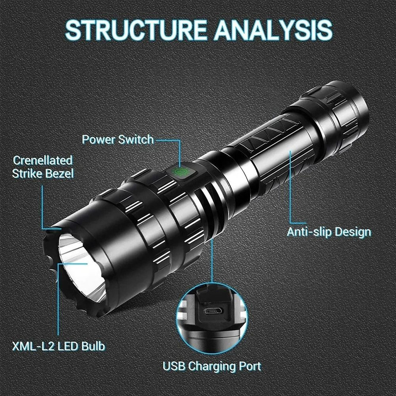 Tactical LED Hunting Flashlight USB Rechargeable Waterproof Torch 4