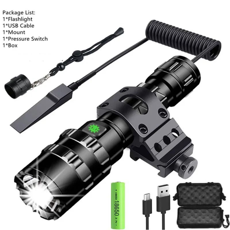 Tactical LED Hunting Flashlight USB Rechargeable Waterproof Torch 8