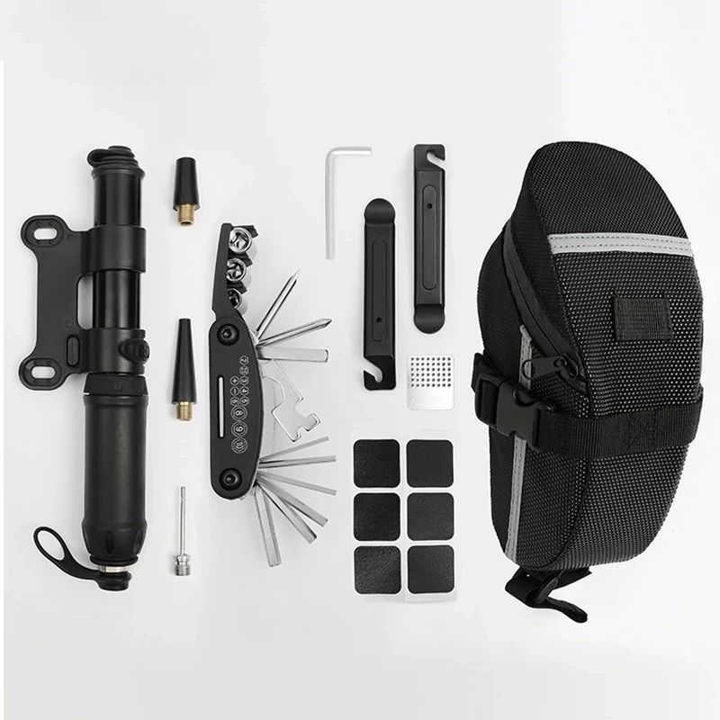 Portable Bicycle Repair Tools Kit With Pump Saddle Bag And Multi Functional Wrench 0