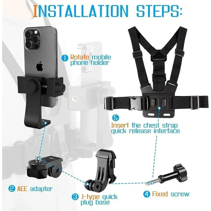 Adjustable Phone Clip Holder With Chest Strap For Sports And Action Cameras 1