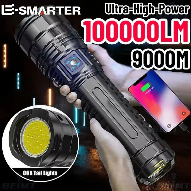 Ultra Bright Rechargeable LED Flashlight With 15000mAh Battery And Tail Light 1