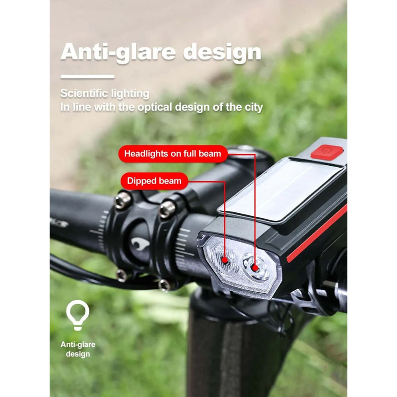 Solar Rechargeable Bicycle Front Light With Horn And USBC Charging 3