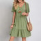 Loose V Neck Short Sleeve Pleated Women Dress Solid Color A Line Beach Dress 2