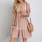 Loose V Neck Short Sleeve Pleated Women Dress Solid Color A Line Beach Dress 3