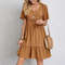 Loose V Neck Short Sleeve Pleated Women Dress Solid Color A Line Beach Dress 6