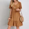 Loose V Neck Short Sleeve Pleated Women Dress Solid Color A Line Beach Dress 6