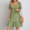 Loose V Neck Short Sleeve Pleated Women Dress Solid Color A Line Beach Dress 8