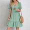 Loose V Neck Short Sleeve Pleated Women Dress Solid Color A Line Beach Dress 12