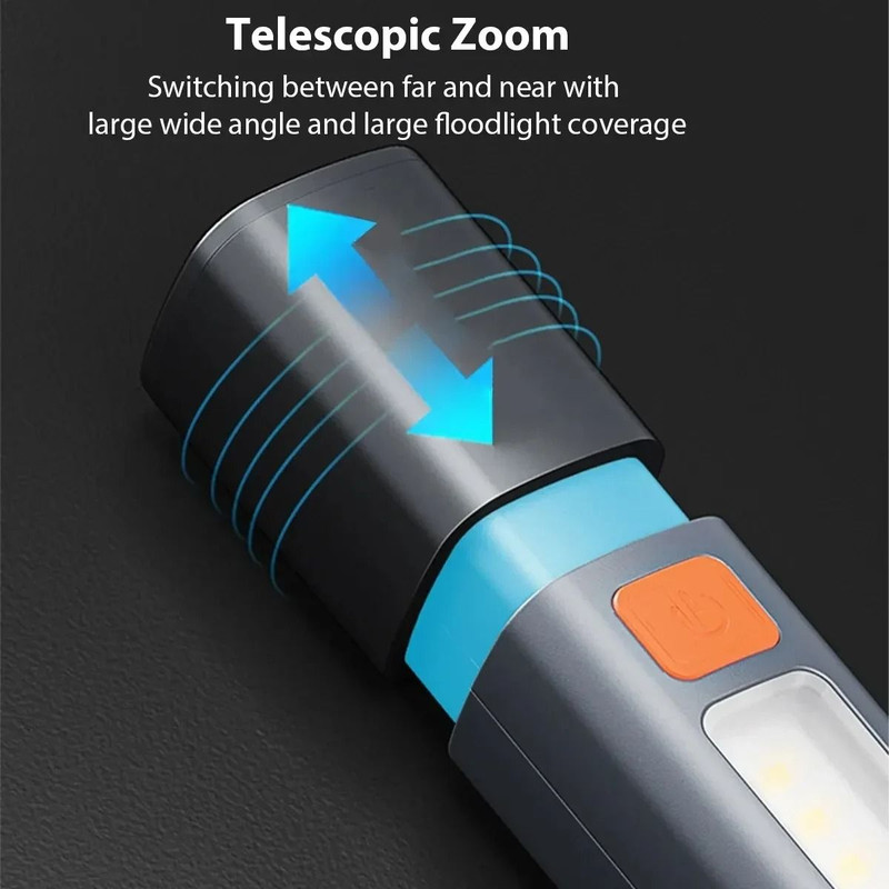 Portable USB Rechargeable Flashlight With Telescopic Focus And COB Side Lamp 3