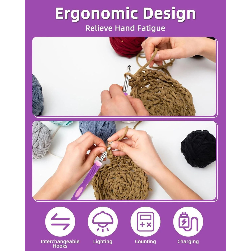 24pcs Lighted Crochet Hook Set With Counter Ergonomic Knitting Needles Kit For Beginners 3