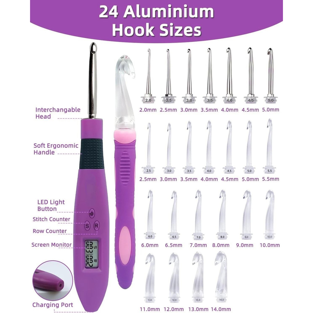 24pcs Lighted Crochet Hook Set With Counter Ergonomic Knitting Needles Kit For Beginners 5
