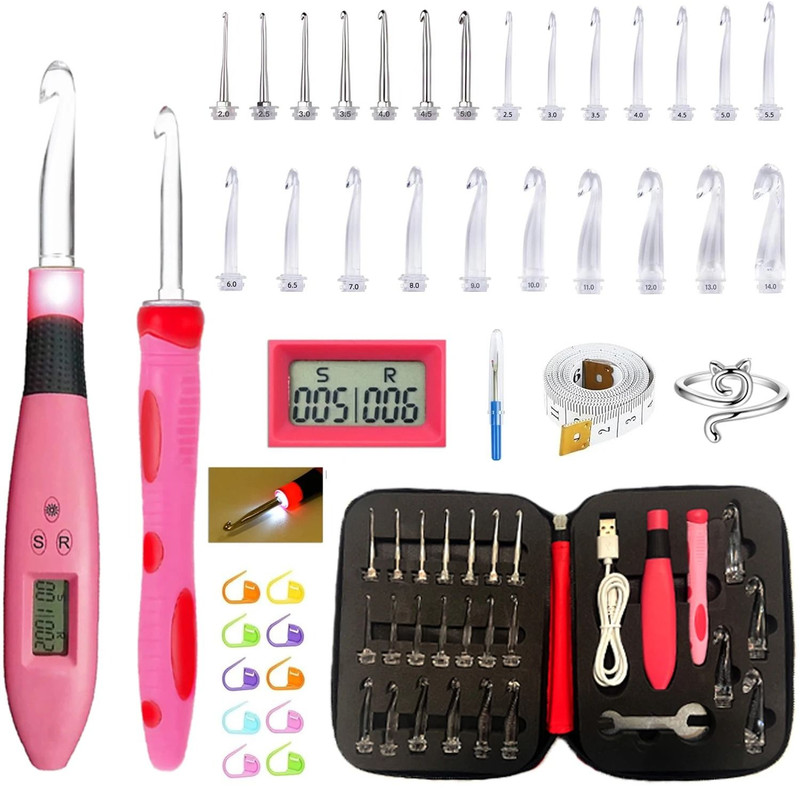 24pcs Lighted Crochet Hook Set With Counter Ergonomic Knitting Needles Kit For Beginners 7