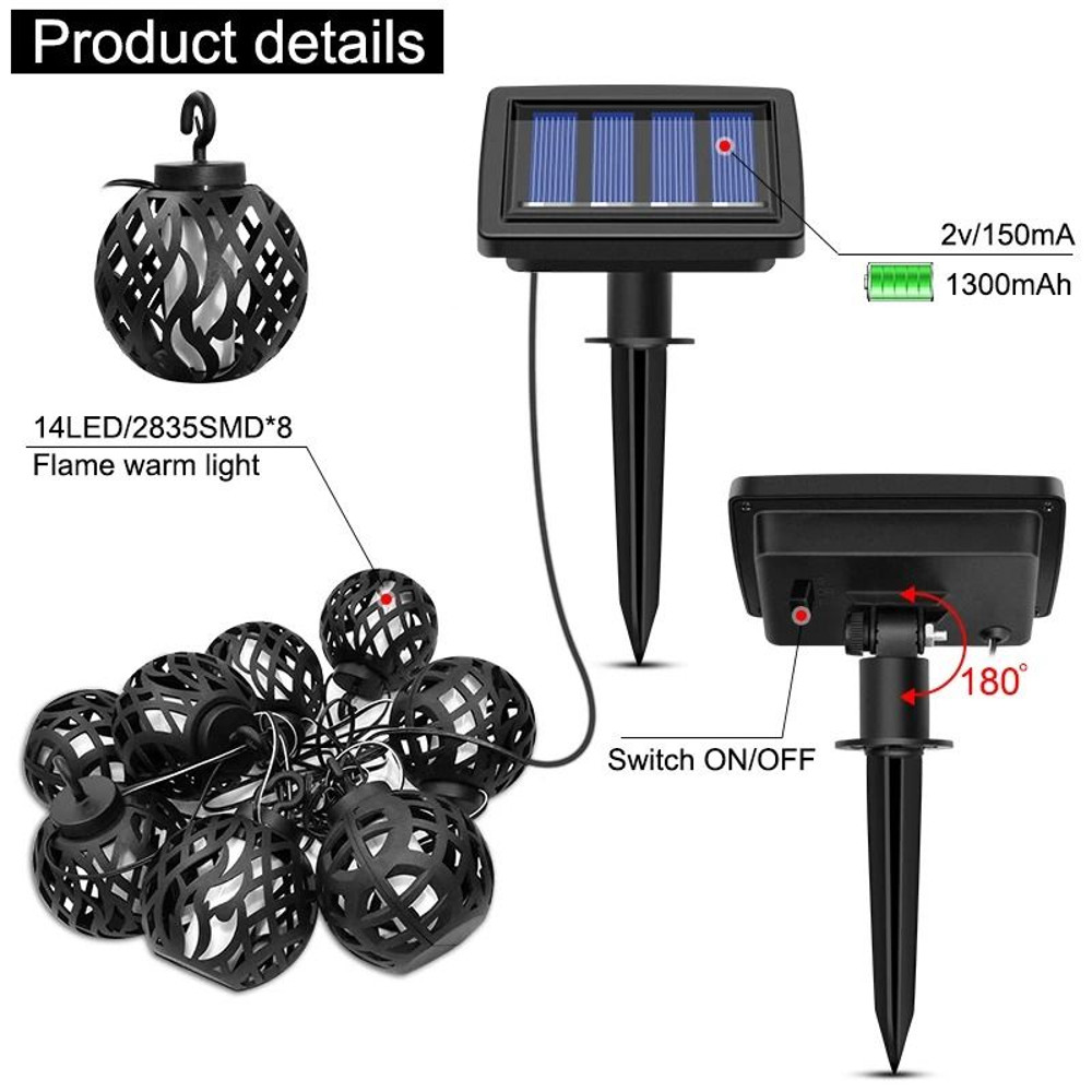 Solar String Lights LED Outdoor Waterproof Flickering Flame Hanging Lantern With 8 Balls 1