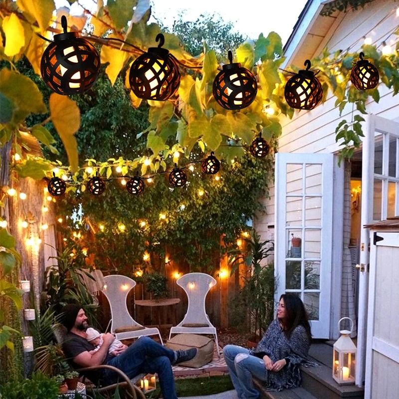 Solar String Lights LED Outdoor Waterproof Flickering Flame Hanging Lantern With 8 Balls 3