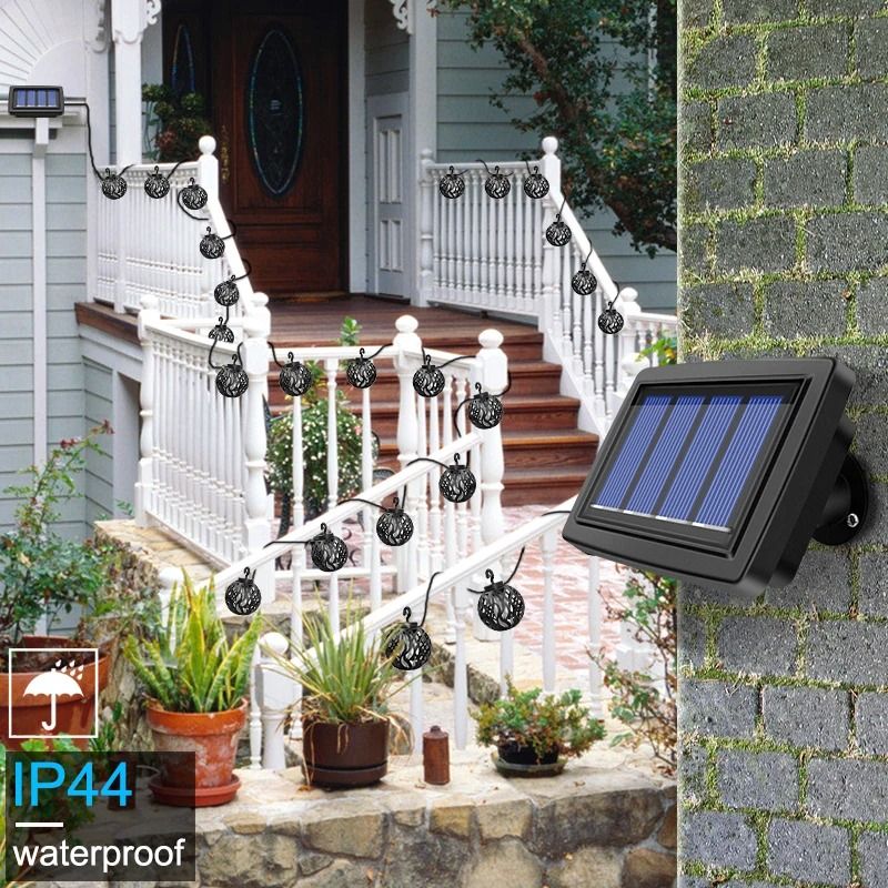 Solar String Lights LED Outdoor Waterproof Flickering Flame Hanging Lantern With 8 Balls 4