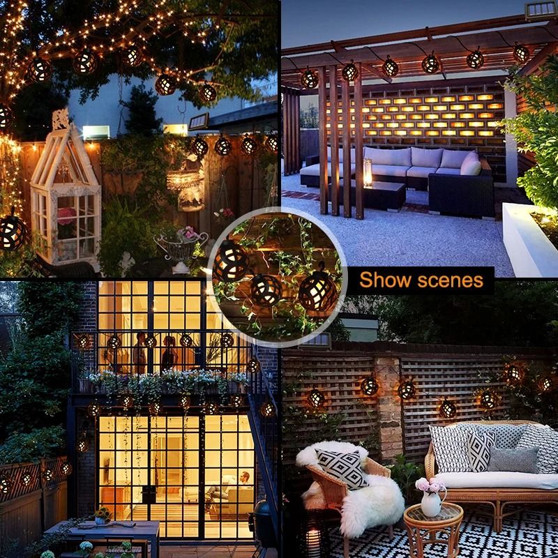 Solar String Lights LED Outdoor Waterproof Flickering Flame Hanging Lantern With 8 Balls 5