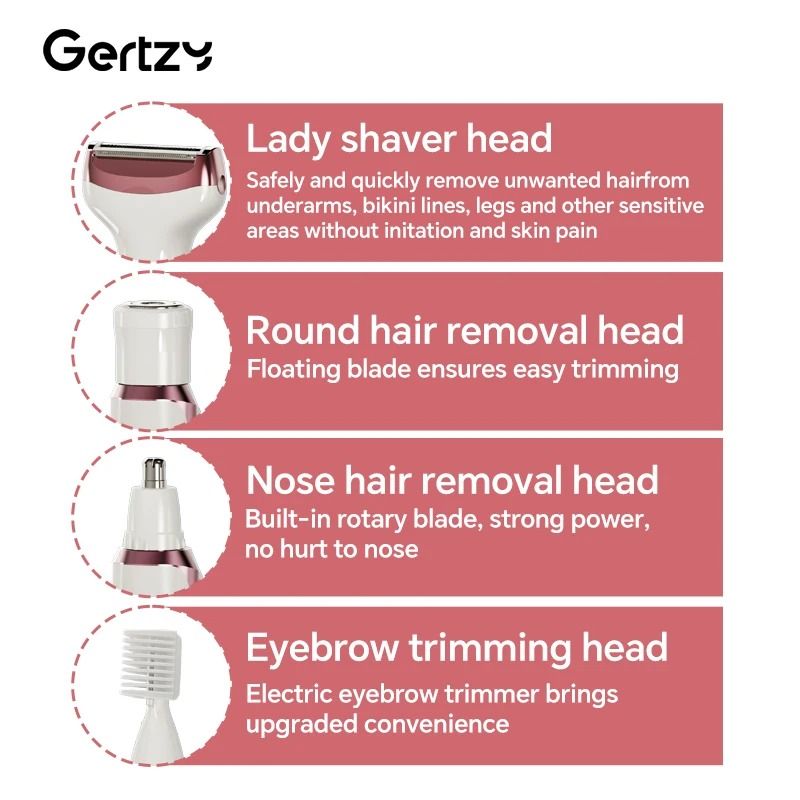 Rechargeable 4 In 1 Electric Razor For Women Face Nose Legs Underarm And Bikini Trimmer 4
