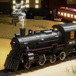 electric railway train set with steam locomotive, smoke, light and sound