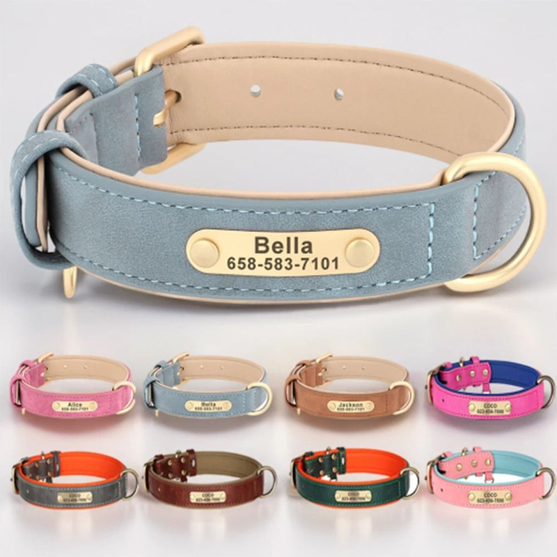 Personalized Dog Collar Custom Engraved PU Leather With Nameplate ID Tag 0