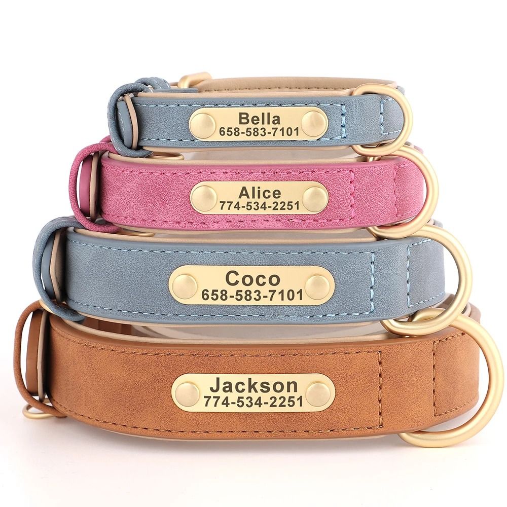 Personalized Dog Collar Custom Engraved PU Leather With Nameplate ID Tag 1