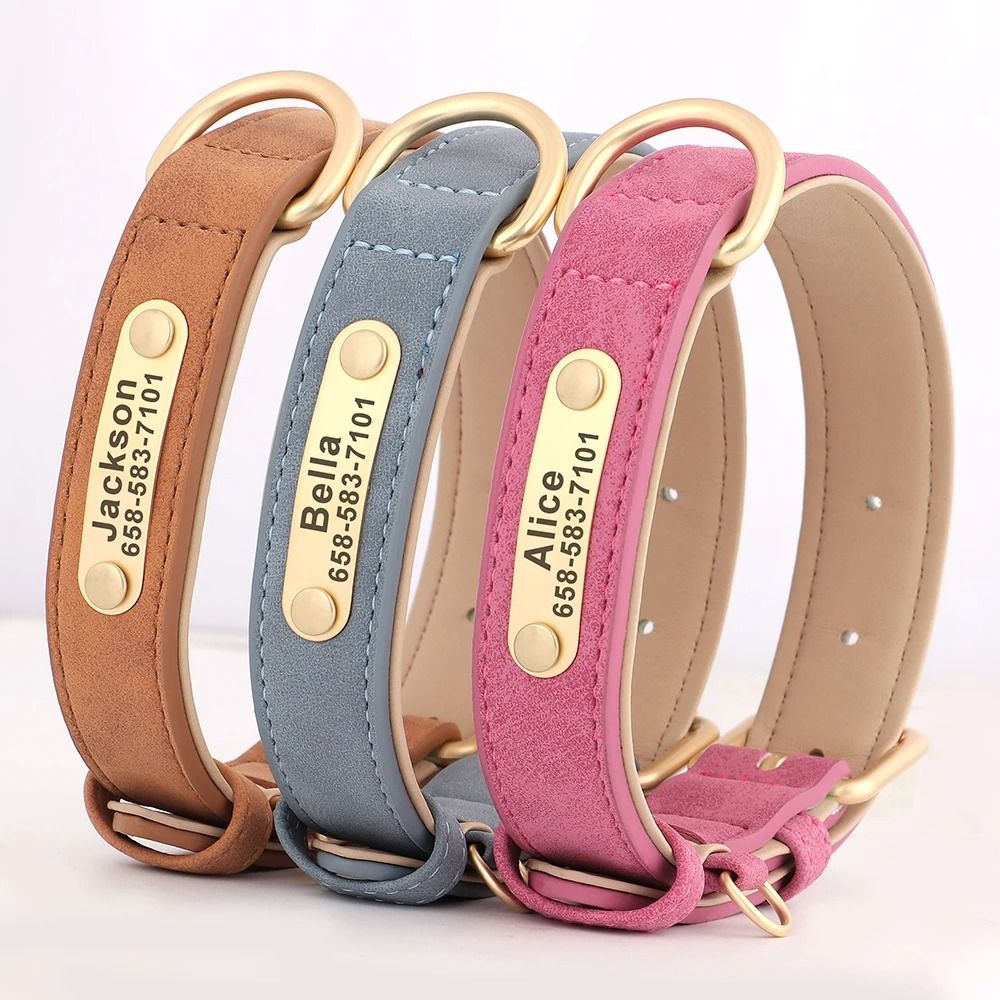 Personalized Dog Collar Custom Engraved PU Leather With Nameplate ID Tag 3
