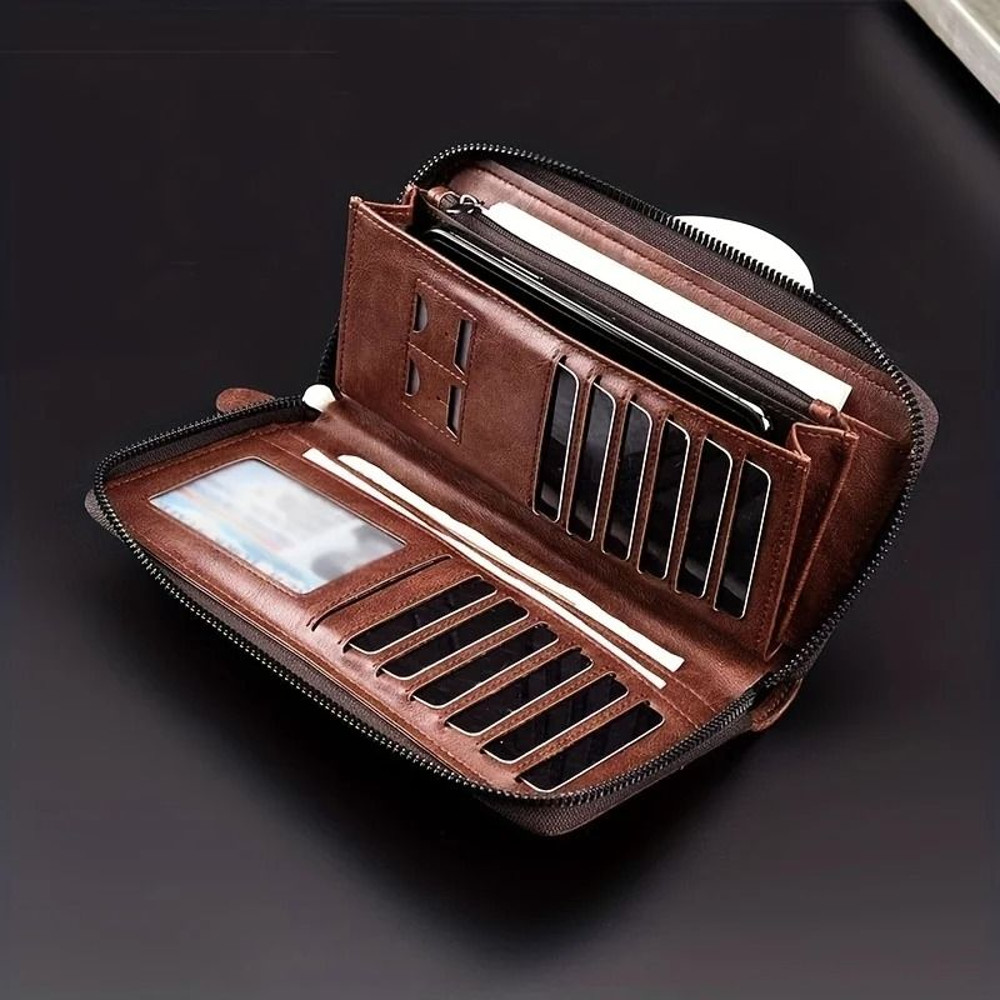 Mens Long Zipper Wallet With RFID Blocking And PU Leather Design 0