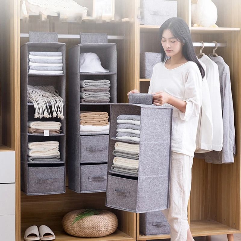 Cotton Linen Hanging Storage Organizer With Drawers For Closet And Wardrobe 3