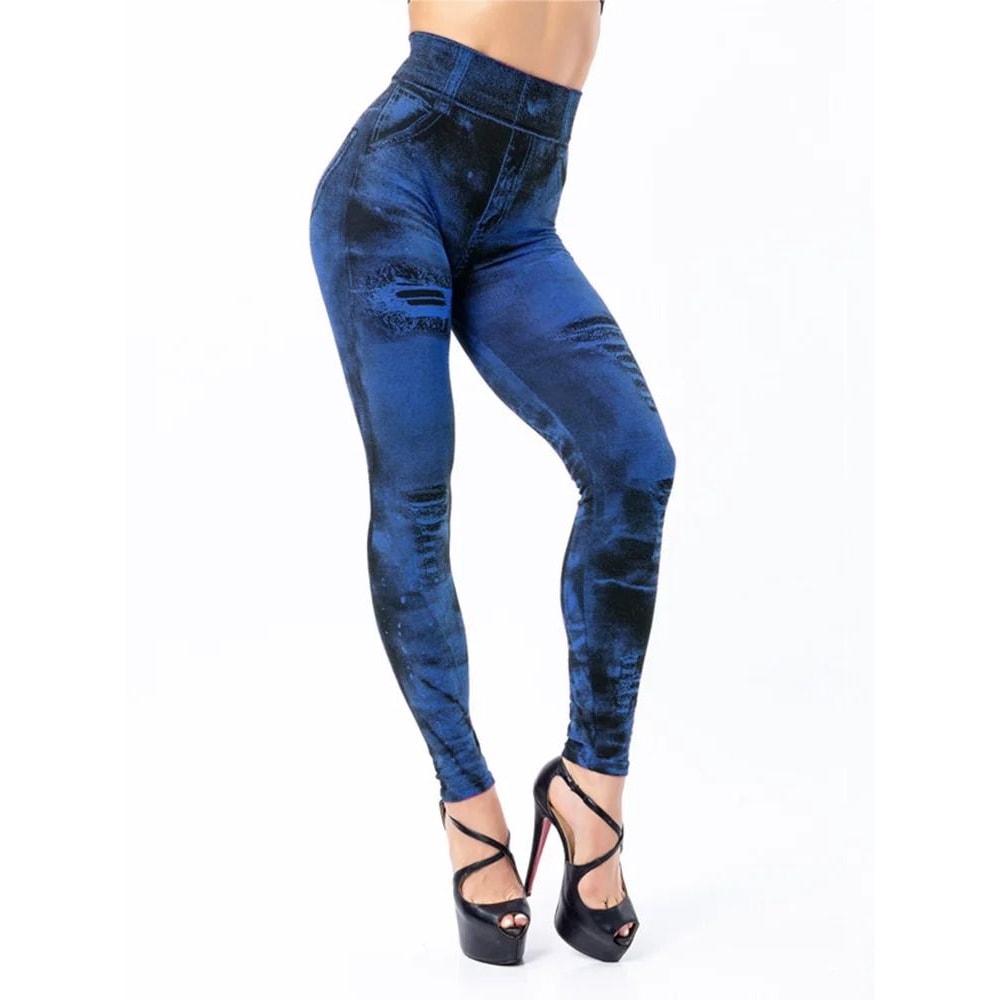 Women Imitation Jeans Stretch Leggings High Waist Slim Fit Pants 7