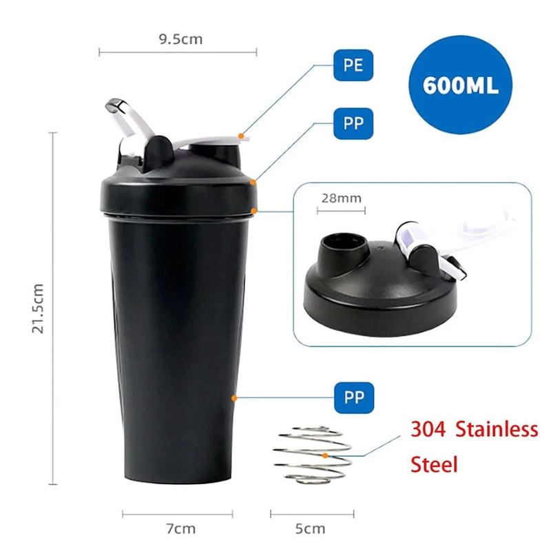 Portable Protein Shaker 600ml Fitness Bottle With Wire Whisk Ball 5