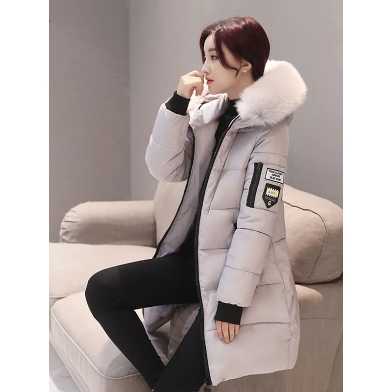 Women Winter Fur Collar Hooded Parka Warm Thick Long Jacket With Zipper Pockets 5