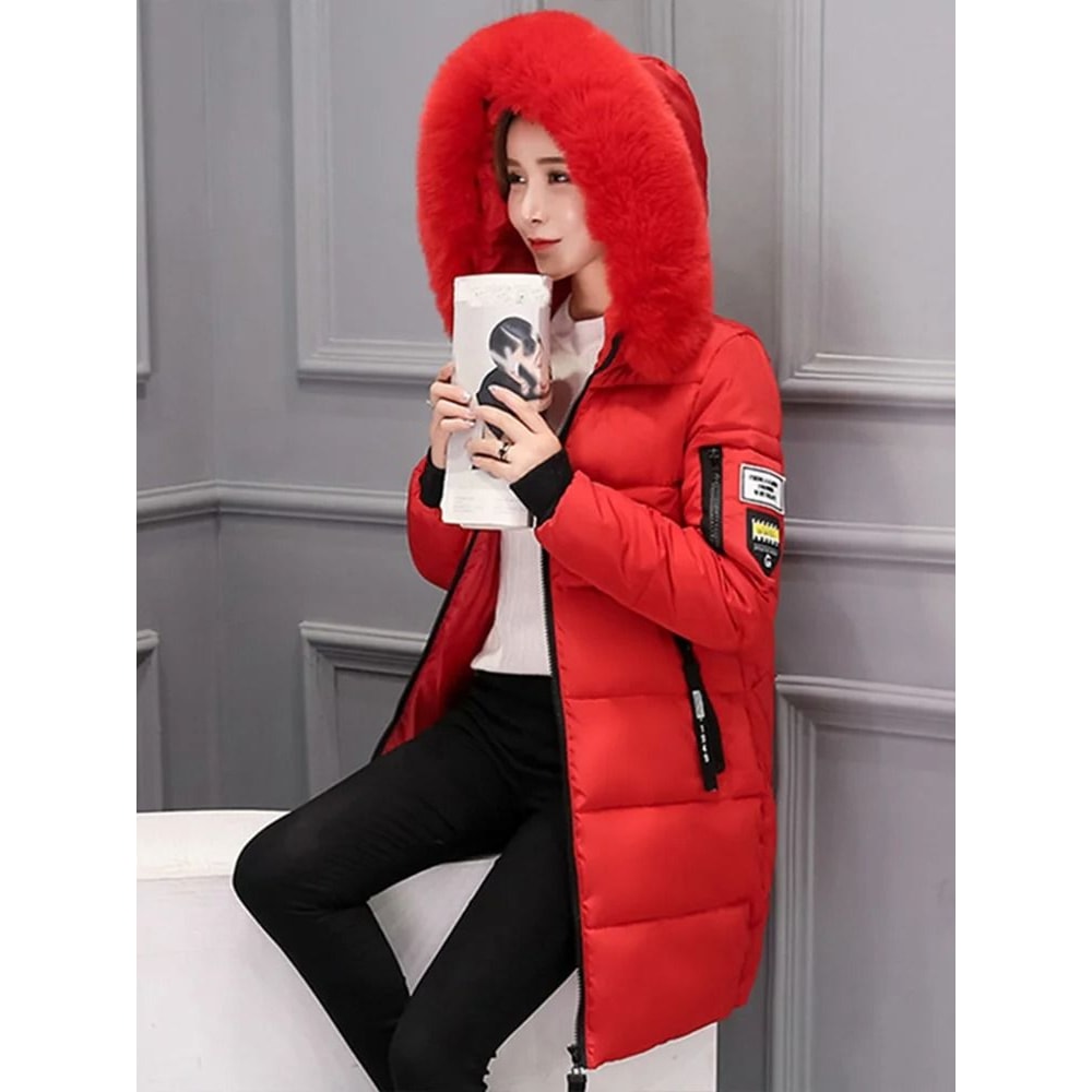 Women Winter Fur Collar Hooded Parka Warm Thick Long Jacket With Zipper Pockets 6