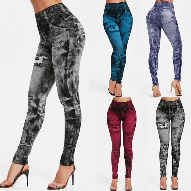 Imitation Jeans Stretch Leggings High Waist Slim Push Up Fashion Leggings For Women 0