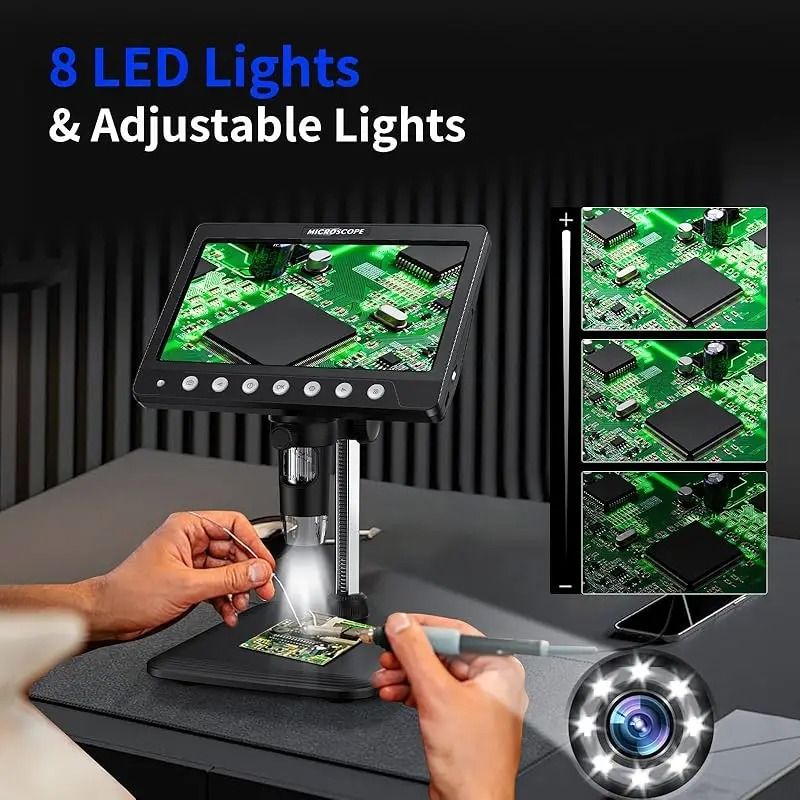 7 Inch IPS Digital Coin Microscope 1200X 5MP Camera With 8 LED Lights And 1080P Display 4