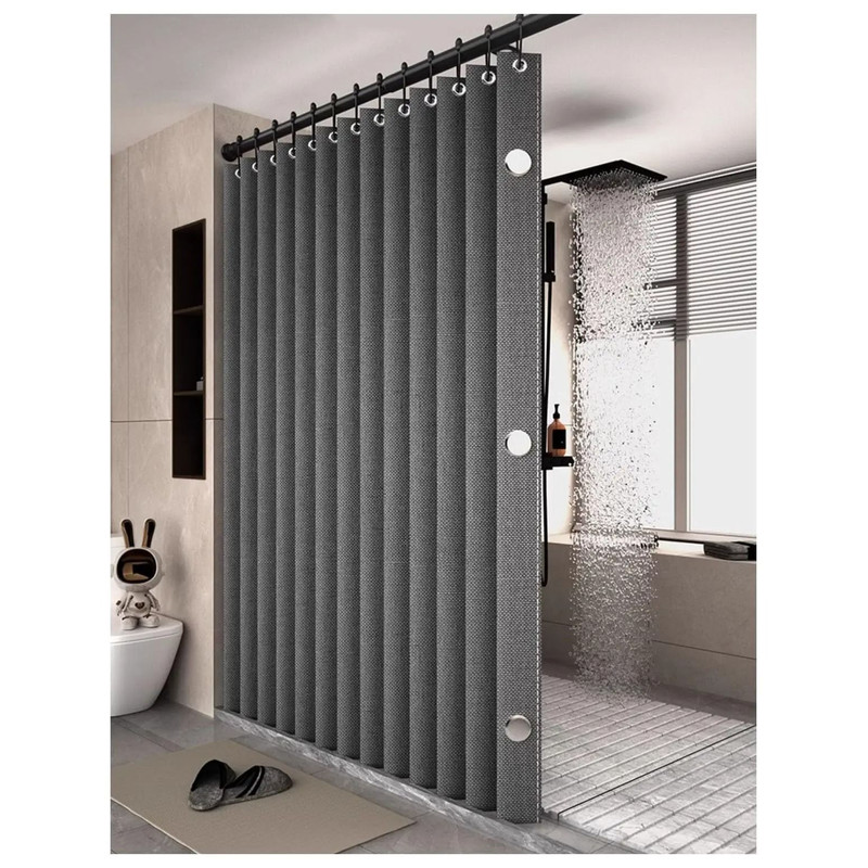Waterproof Folding Linen Shower Curtain With Magnets For Walk In Bathroom 0