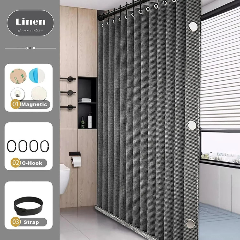Waterproof Folding Linen Shower Curtain With Magnets For Walk In Bathroom 2