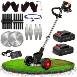 cordless lawn trimmer and weed wacker with 2 li ion batteries and 3 blade types