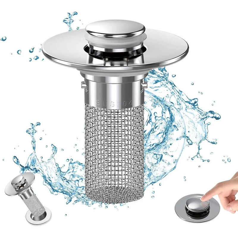 PopUp Bathroom Sink Drain Strainer With Removable Stainless Steel Hair Catcher And Drain Stopper 1