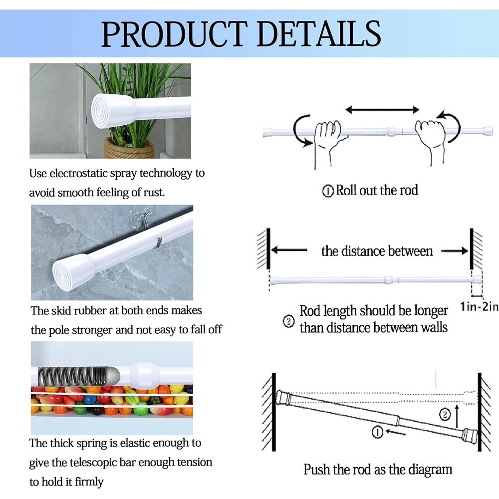 Adjustable Curtain Rod Telescopic Extendable Spring Tension Rod For Shower Or Window NoDrill Hangin 6