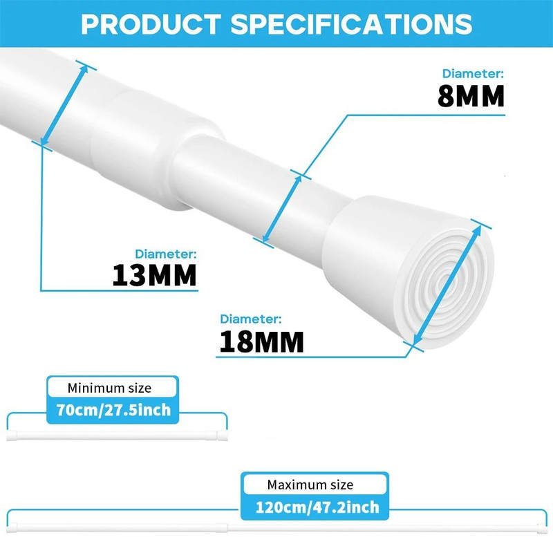 Adjustable Curtain Rod Telescopic Extendable Spring Tension Rod For Shower Or Window NoDrill Hangin 10