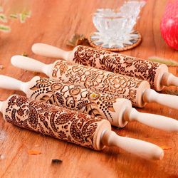 wooden sunflower embossed rolling pin for baking cookies and pastry decoration