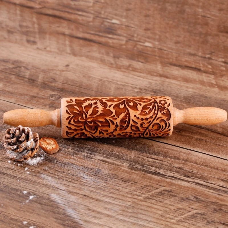 10Inch Wooden Embossed Rolling Pin With Coffee Lemon Flower Elk Pattern For Cookie And Pastry Bakin 9