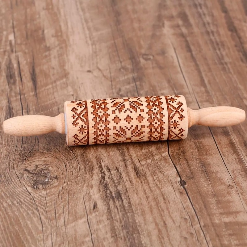 10Inch Wooden Embossed Rolling Pin With Coffee Lemon Flower Elk Pattern For Cookie And Pastry Bakin 7