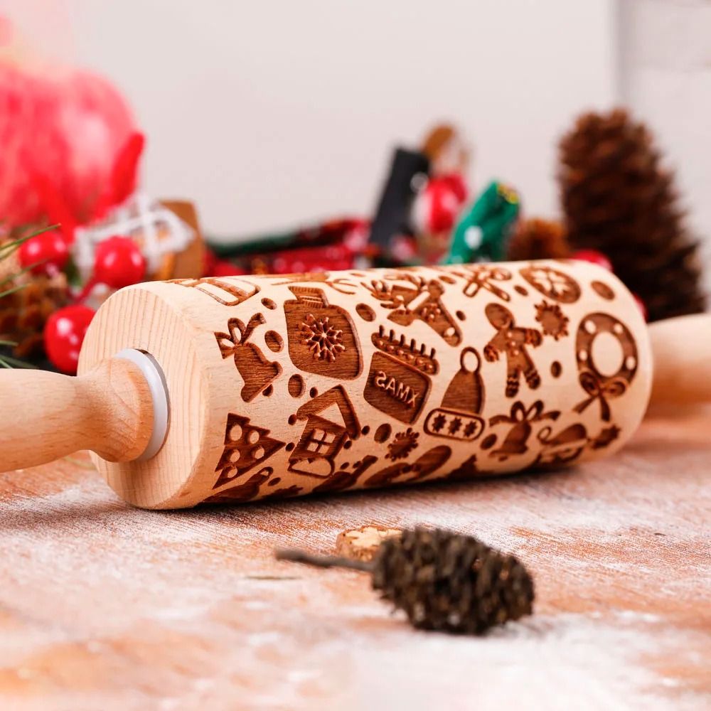 10Inch Wooden Embossed Rolling Pin With Coffee Lemon Flower Elk Pattern For Cookie And Pastry Bakin 8